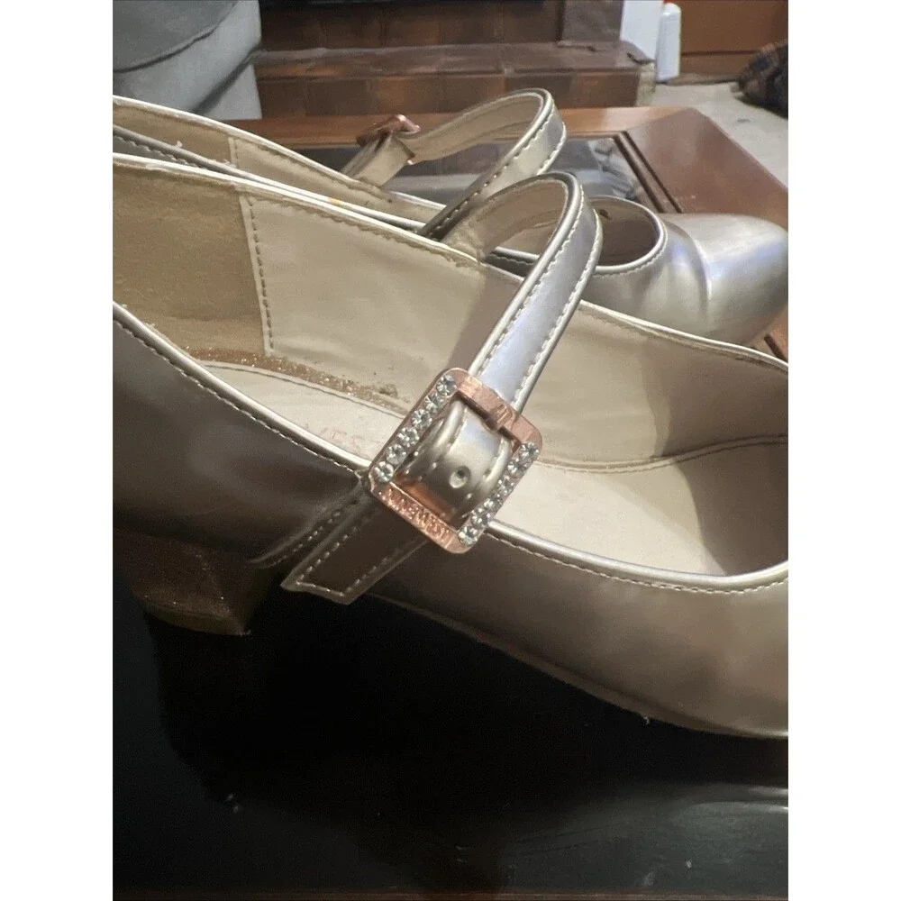 Nine West Mary Jane Heels Kids Size 13 Champagne Gold Glitter Buckle Dress Shoes